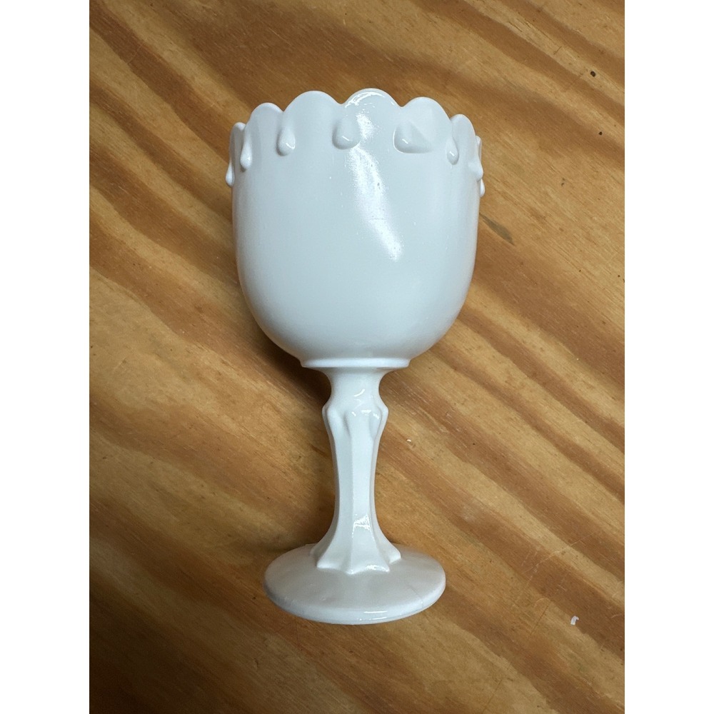 Vintage White Milk Glass Goblet Teardrop Scalloped Rim Pedestal Glass 7x4